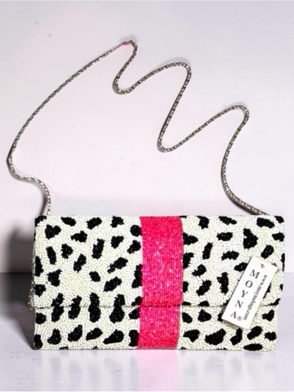 Moyna Beaded Black & White Leopard Clutch with Pink Accent